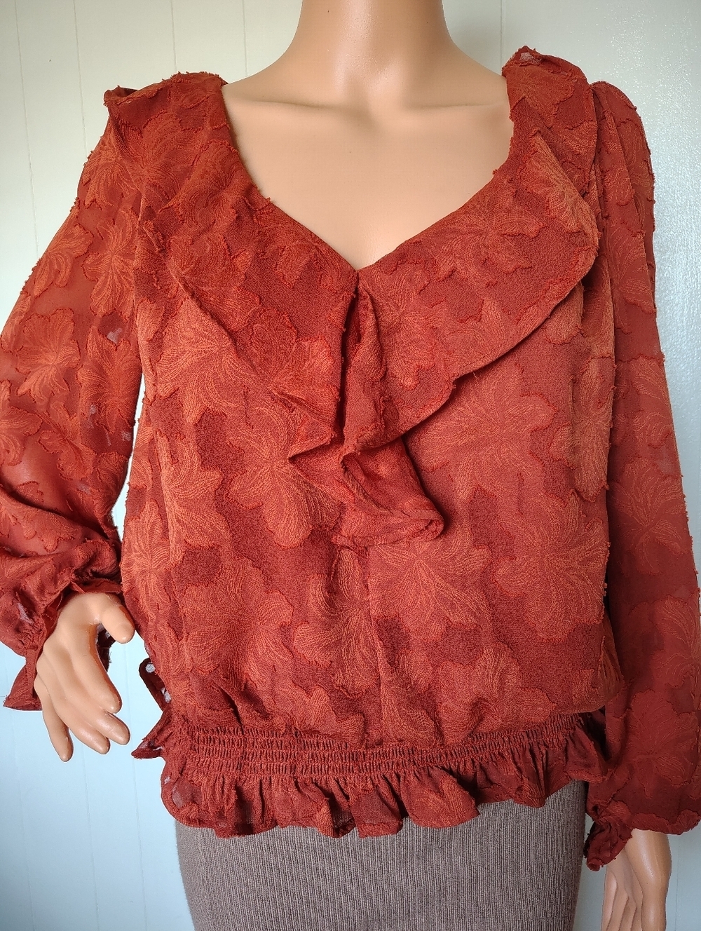 Anthropologie  Rust Red Ruffled V-Neck Women's Blouse Size M
